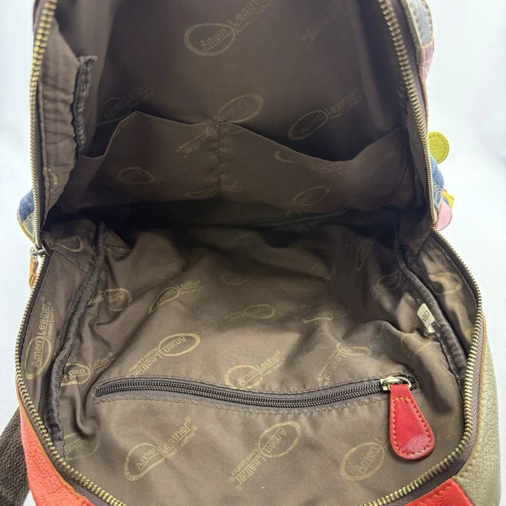 VTG Amerileather‎ Leather Backpack Multi Color Rainbow Flower Boho Denim Bag Y2K